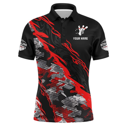 Custom Bowling Polo Shirts, Custom Bowling Shirt For Men Red Camo Bowling Jersey Flame Bowling Polo Shirt