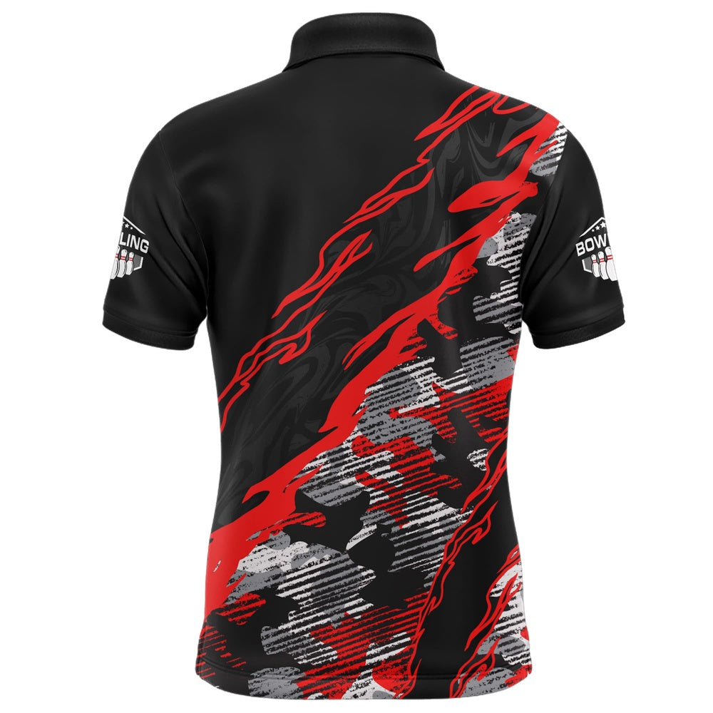Custom Bowling Polo Shirts, Custom Bowling Shirt For Men Red Camo Bowling Jersey Flame Bowling Polo Shirt