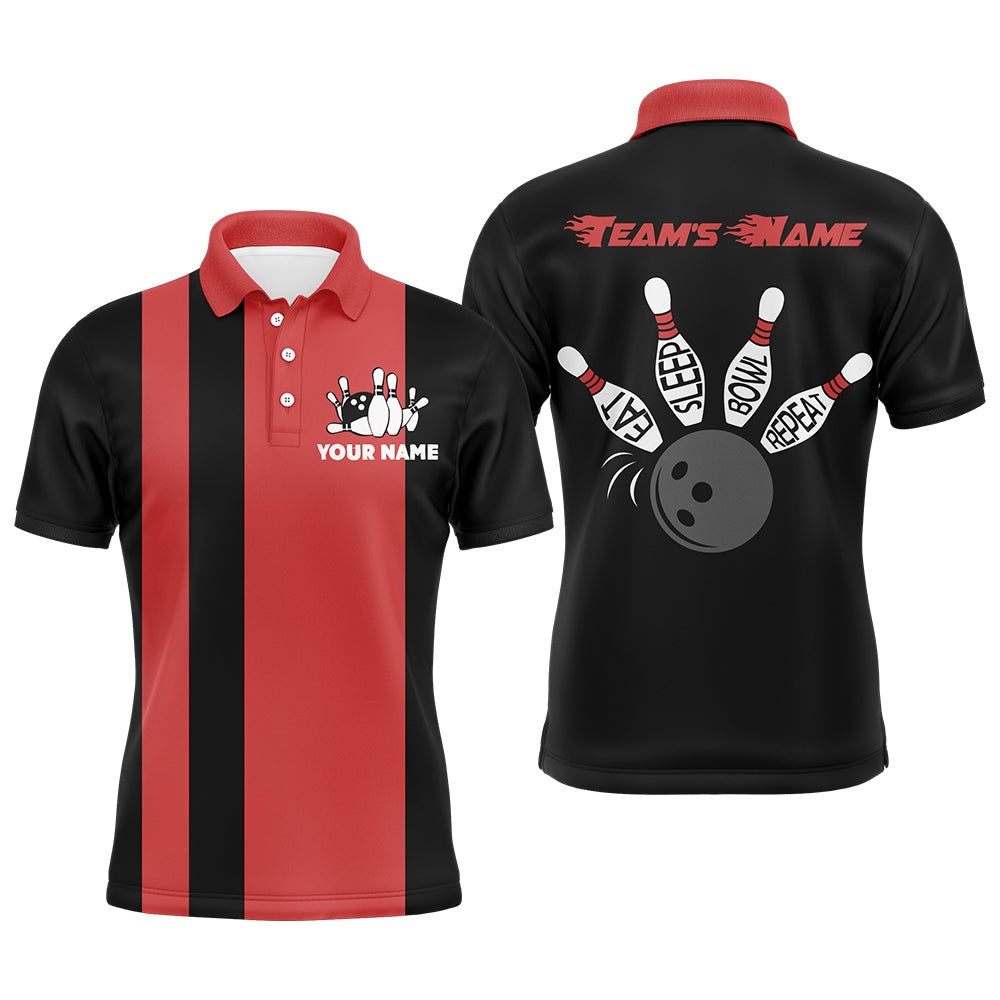 Custom Bowling Polo Shirts, Custom Bowling Shirt For Men, Vintage Red&Black Bowling Polo Jersey For Team Eat Sleep Bowl Repeat