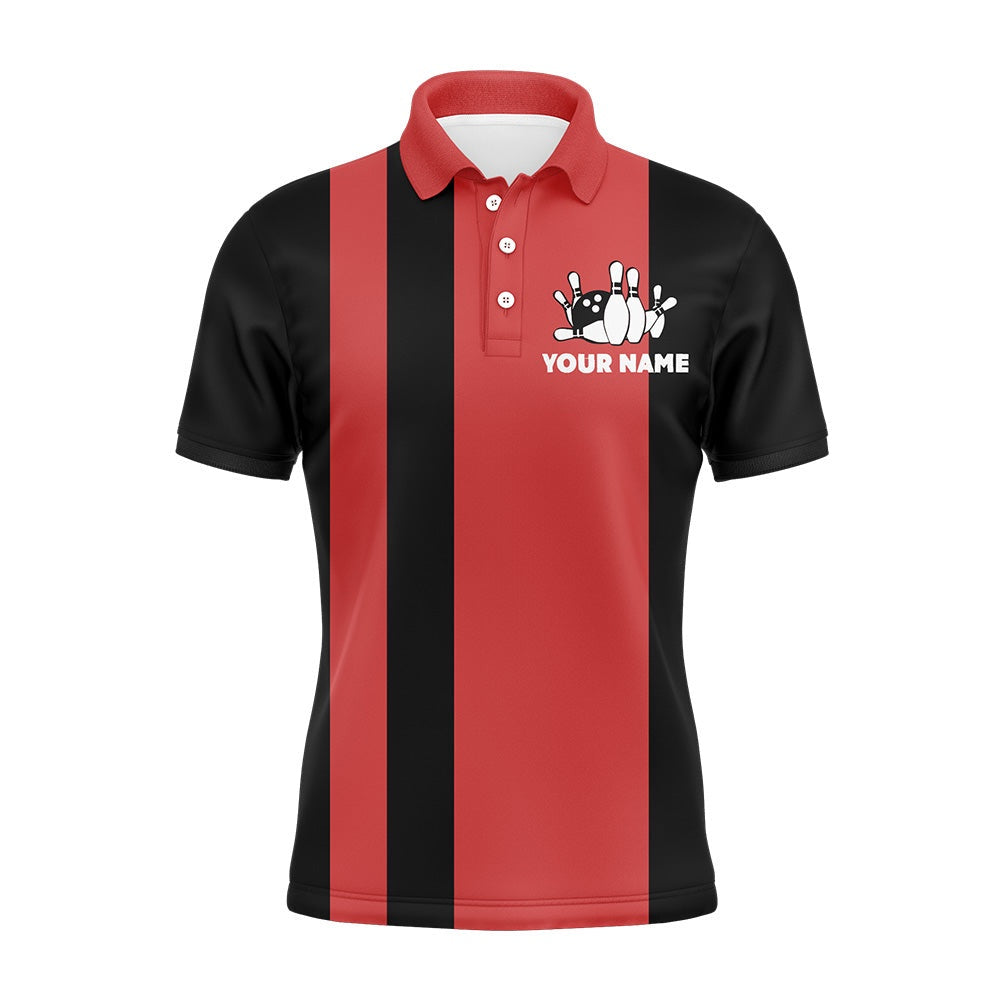 Custom Bowling Polo Shirts, Custom Bowling Shirt For Men, Vintage Red&Black Bowling Polo Jersey For Team Eat Sleep Bowl Repeat