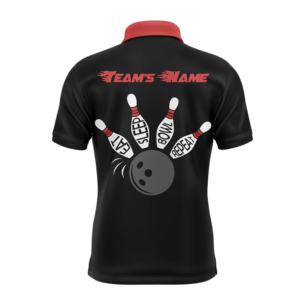 Custom Bowling Polo Shirts, Custom Bowling Shirt For Men, Vintage Red&Black Bowling Polo Jersey For Team Eat Sleep Bowl Repeat