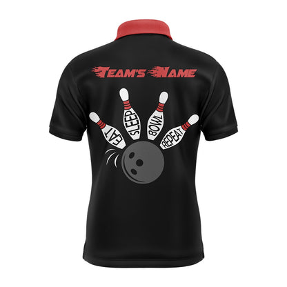 Custom Bowling Polo Shirts, Custom Bowling Shirt For Men, Vintage Red&Black Bowling Polo Jersey For Team Eat Sleep Bowl Repeat