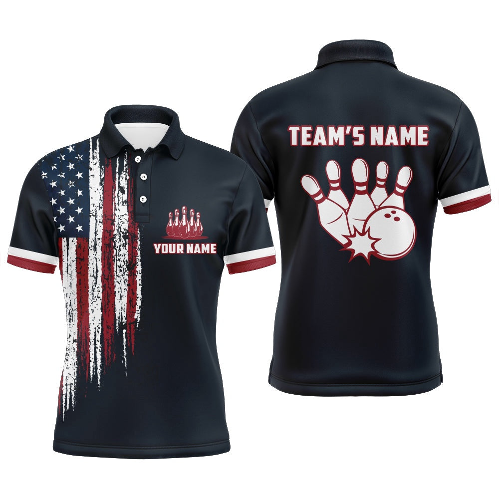 Custom Bowling Polo Shirts, Custom Bowling Shirt With Name American Flag Bowling Jersey For Men Bowling Polo Shirt For Team