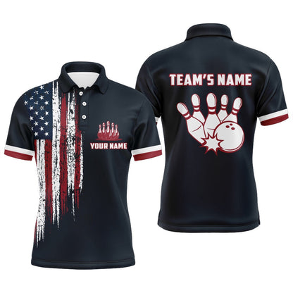 Custom Bowling Polo Shirts, Custom Bowling Shirt With Name American Flag Bowling Jersey For Men Bowling Polo Shirt For Team