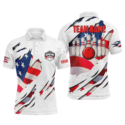 Custom Bowling Polo Shirts, Custom Bowling Shirts For Men American Flag Patriotic Bowling Ball & Pins White Mens Polo Shirts