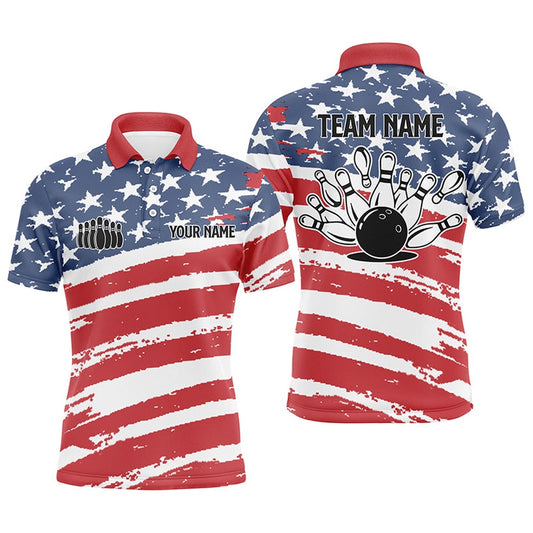Custom Bowling Polo Shirts, Custom Bowling Shirts For Men American Flag Patriotic Personalize Bowling Team Jerseys Men Polo Shirts