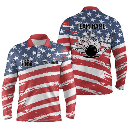 Custom Bowling Polo Shirts, Custom Bowling Shirts For Men American Flag Patriotic Personalize Bowling Team Jerseys Men Polo Shirts