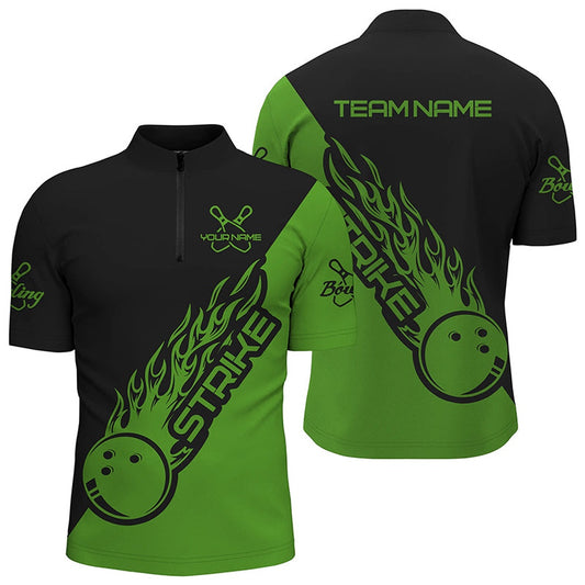 Custom Bowling Polo Shirts, Custom Bowling Shirts For Men And Women, Bowling Team Shirts Bowling Strike Black And Green