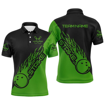 Custom Bowling Polo Shirts, Custom Bowling Shirts For Men And Women, Bowling Team Shirts Bowling Strike Black And Green