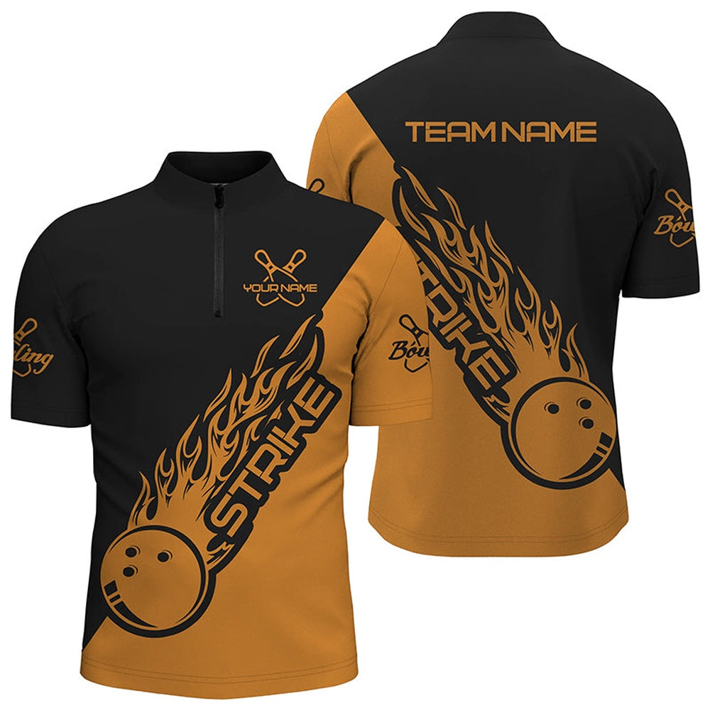 Custom Bowling Polo Shirts, Custom Bowling Shirts For Men And Women, Bowling Team Shirts Bowling Strike Black And Orange