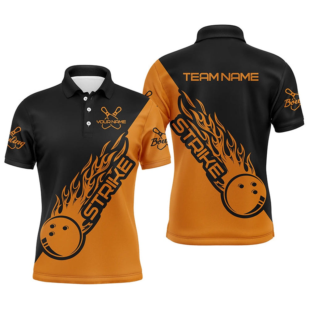 Custom Bowling Polo Shirts, Custom Bowling Shirts For Men And Women, Bowling Team Shirts Bowling Strike Black And Orange