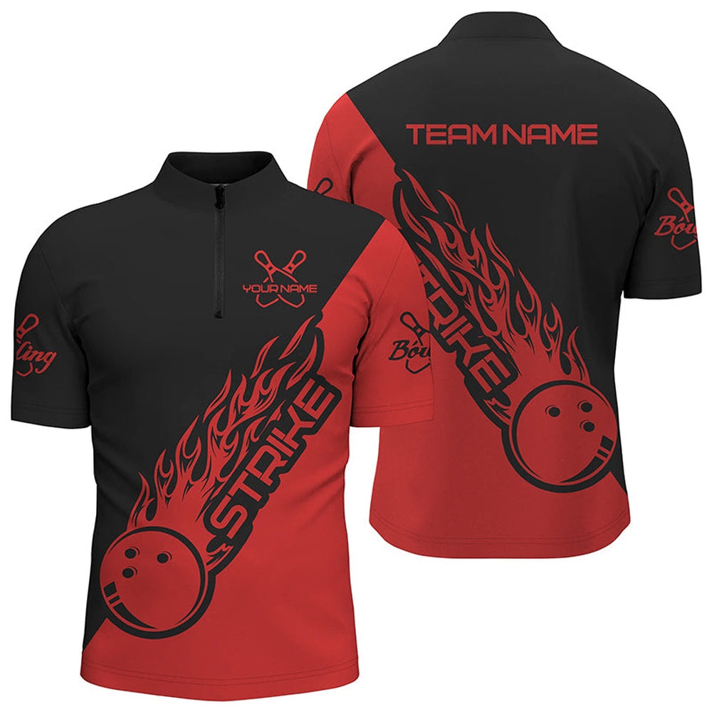 Custom Bowling Polo Shirts, Custom Bowling Shirts For Men And Women, Bowling Team Shirts Bowling Strike Black And Red