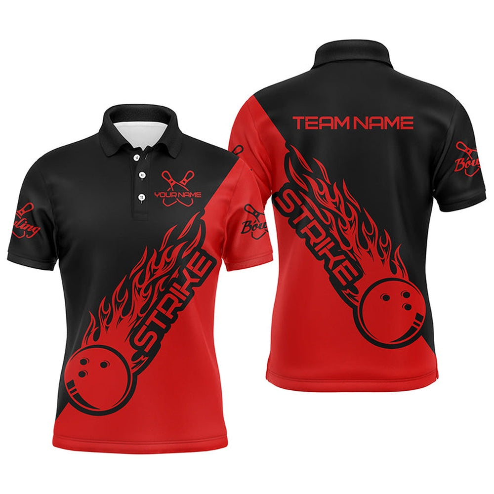 Custom Bowling Polo Shirts, Custom Bowling Shirts For Men And Women, Bowling Team Shirts Bowling Strike Black And Red