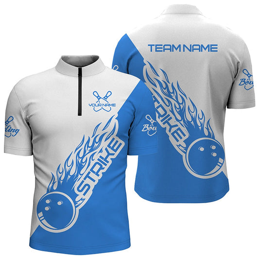 Custom Bowling Polo Shirts, Custom Bowling Shirts For Men And Women, Bowling Team Shirts Bowling Strike Blue And White