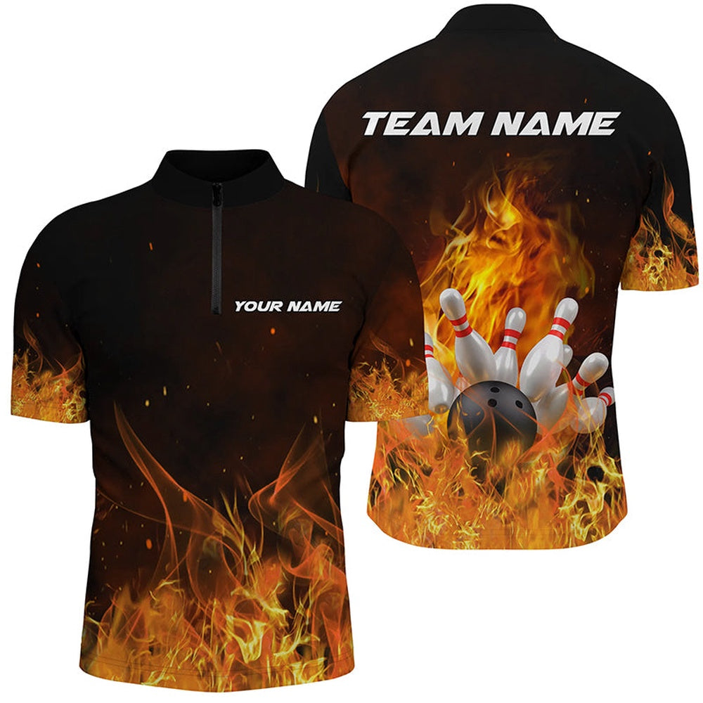 Custom Bowling Polo Shirts, Custom Bowling Shirts For Men And Women, Personalized Flame Bowling Team Jerseys