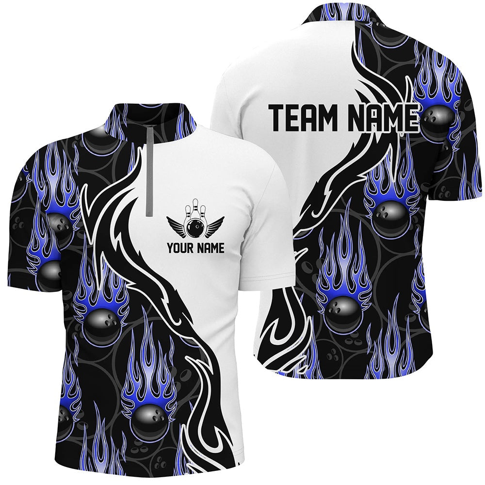Custom Bowling Polo Shirts, Custom Bowling Shirts For Men And Women, Personalized Flame Bowling Team Jerseys Blue