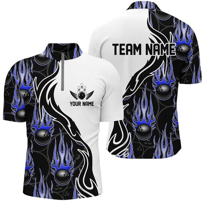 Custom Bowling Polo Shirts, Custom Bowling Shirts For Men And Women, Personalized Flame Bowling Team Jerseys Blue