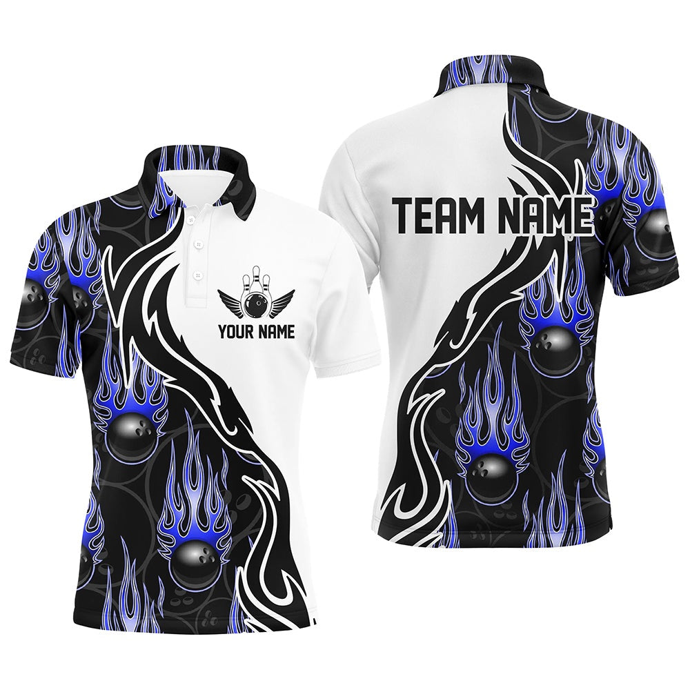 Custom Bowling Polo Shirts, Custom Bowling Shirts For Men And Women, Personalized Flame Bowling Team Jerseys Blue