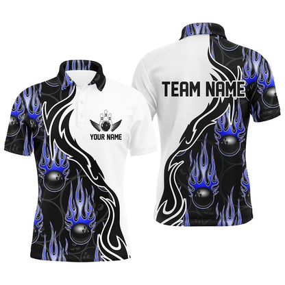 Custom Bowling Polo Shirts, Custom Bowling Shirts For Men And Women, Personalized Flame Bowling Team Jerseys Blue