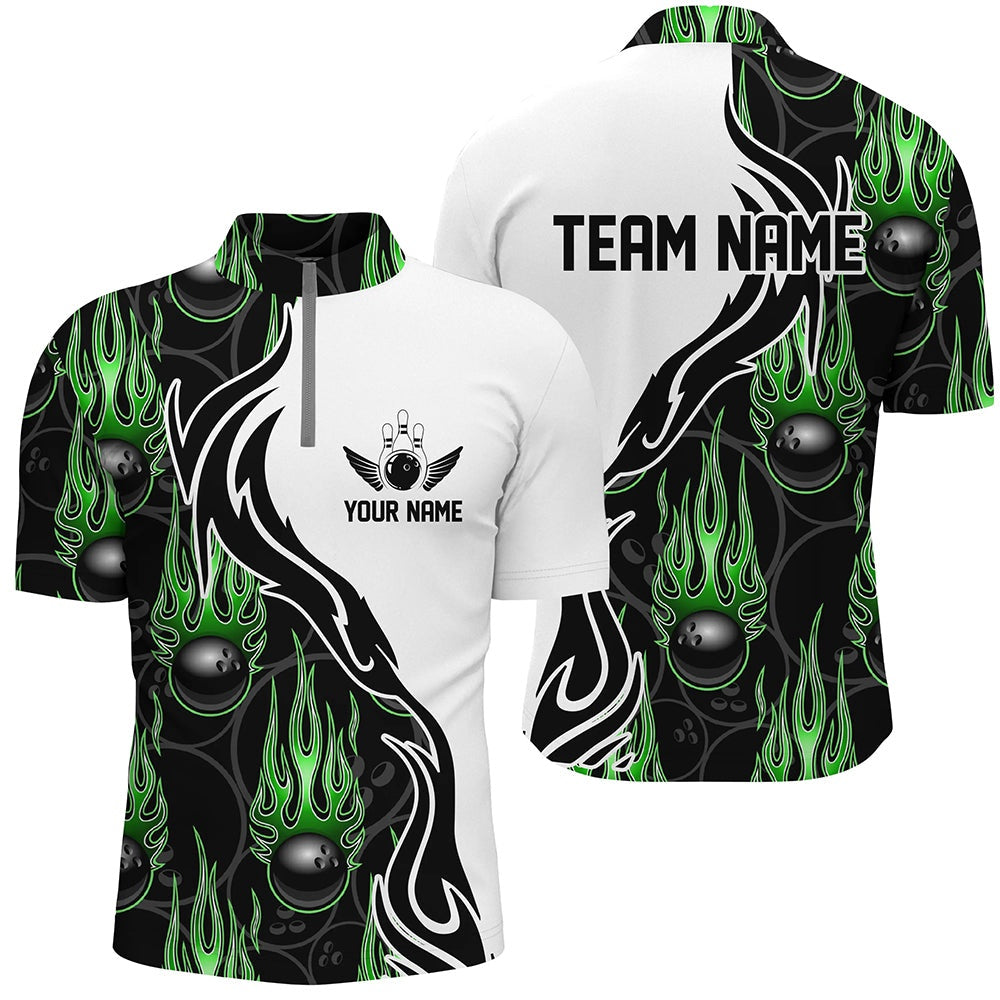Custom Bowling Polo Shirts, Custom Bowling Shirts For Men And Women, Personalized Flame Bowling Team Jerseys Green