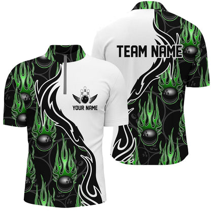 Custom Bowling Polo Shirts, Custom Bowling Shirts For Men And Women, Personalized Flame Bowling Team Jerseys Green