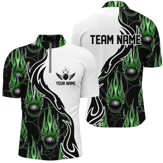 Custom Bowling Polo Shirts, Custom Bowling Shirts For Men And Women, Personalized Flame Bowling Team Jerseys Green