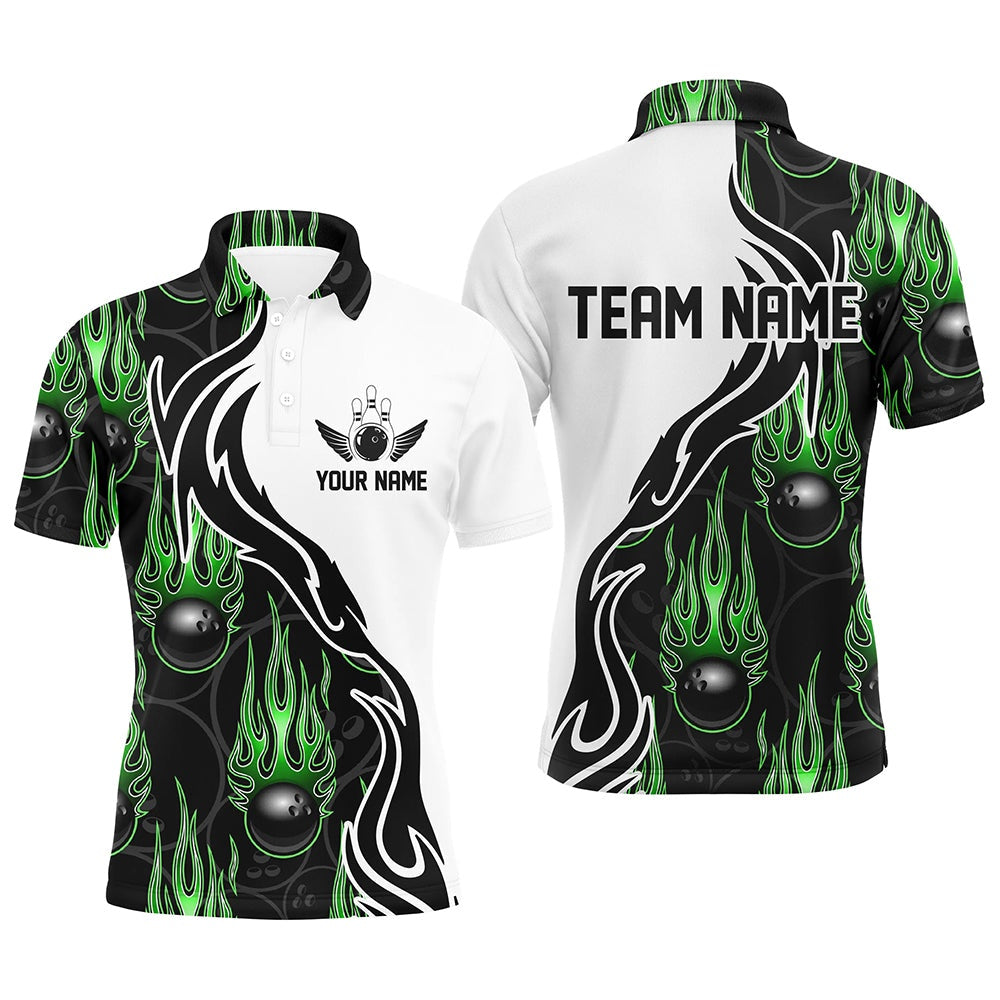 Custom Bowling Polo Shirts, Custom Bowling Shirts For Men And Women, Personalized Flame Bowling Team Jerseys Green