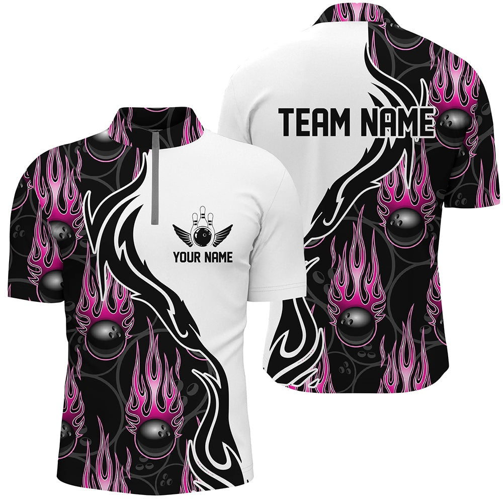 Custom Bowling Polo Shirts, Custom Bowling Shirts For Men And Women, Personalized Flame Bowling Team Jerseys Pink