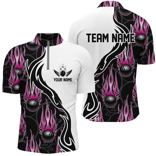 Custom Bowling Polo Shirts, Custom Bowling Shirts For Men And Women, Personalized Flame Bowling Team Jerseys Pink