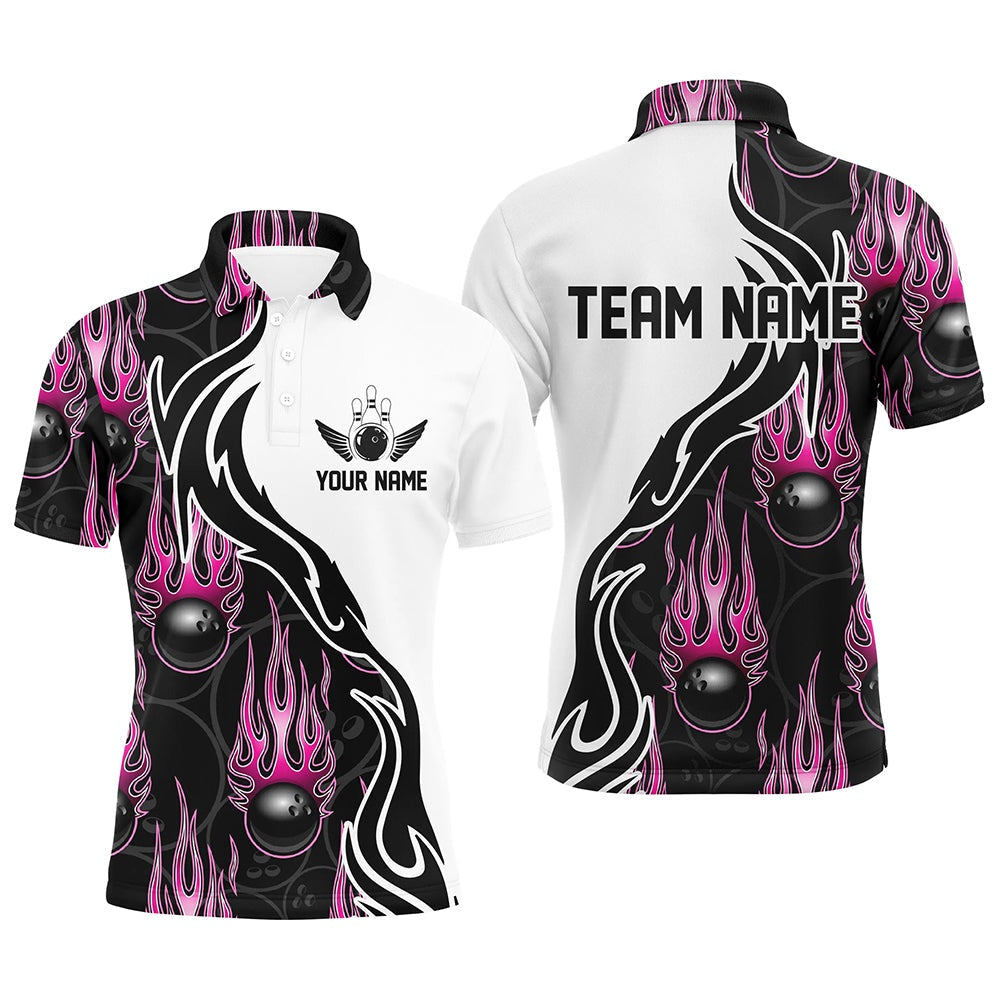 Custom Bowling Polo Shirts, Custom Bowling Shirts For Men And Women, Personalized Flame Bowling Team Jerseys Pink