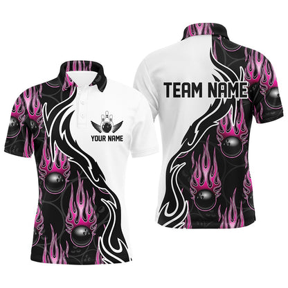 Custom Bowling Polo Shirts, Custom Bowling Shirts For Men And Women, Personalized Flame Bowling Team Jerseys Pink