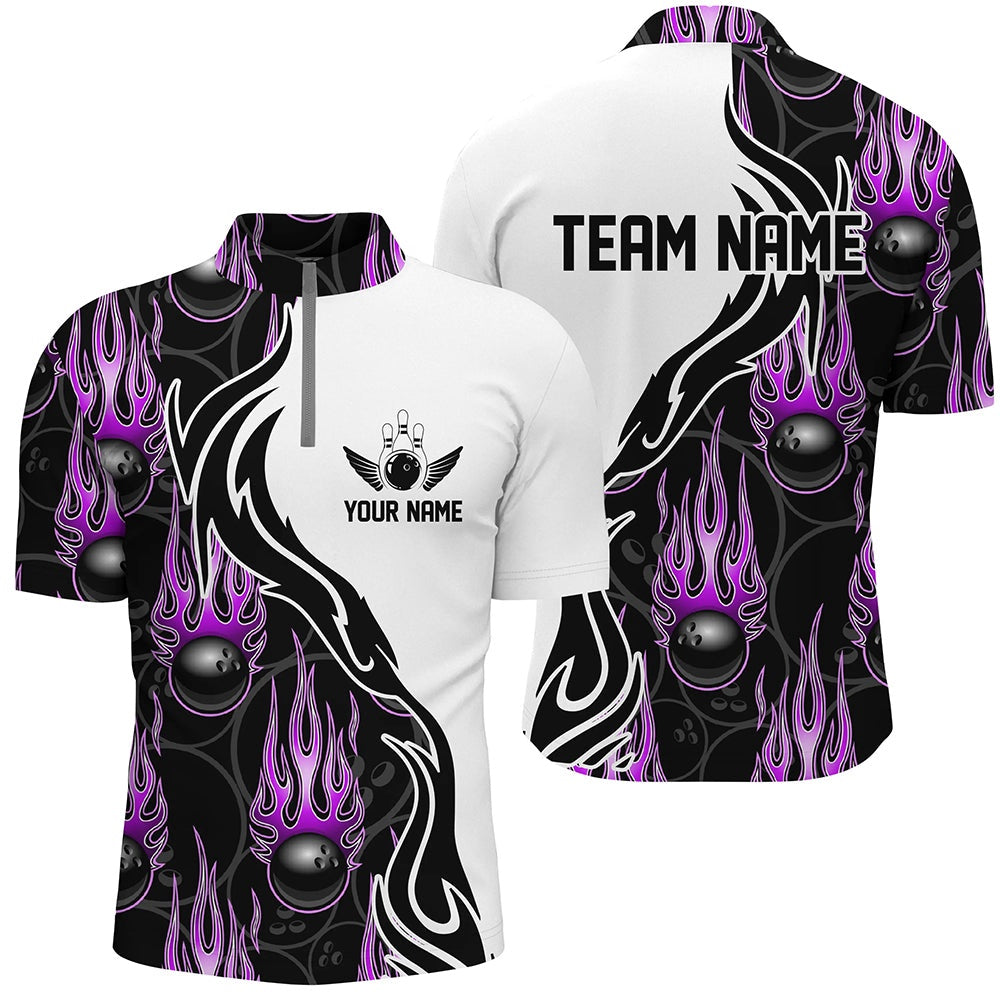 Custom Bowling Polo Shirts, Custom Bowling Shirts For Men And Women, Personalized Flame Bowling Team Jerseys Purple