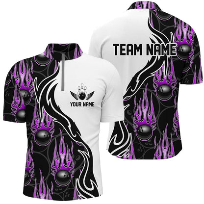 Custom Bowling Polo Shirts, Custom Bowling Shirts For Men And Women, Personalized Flame Bowling Team Jerseys Purple