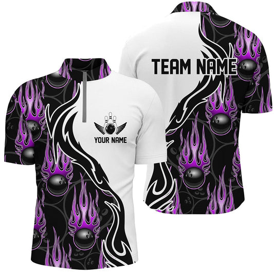 Custom Bowling Polo Shirts, Custom Bowling Shirts For Men And Women, Personalized Flame Bowling Team Jerseys Purple