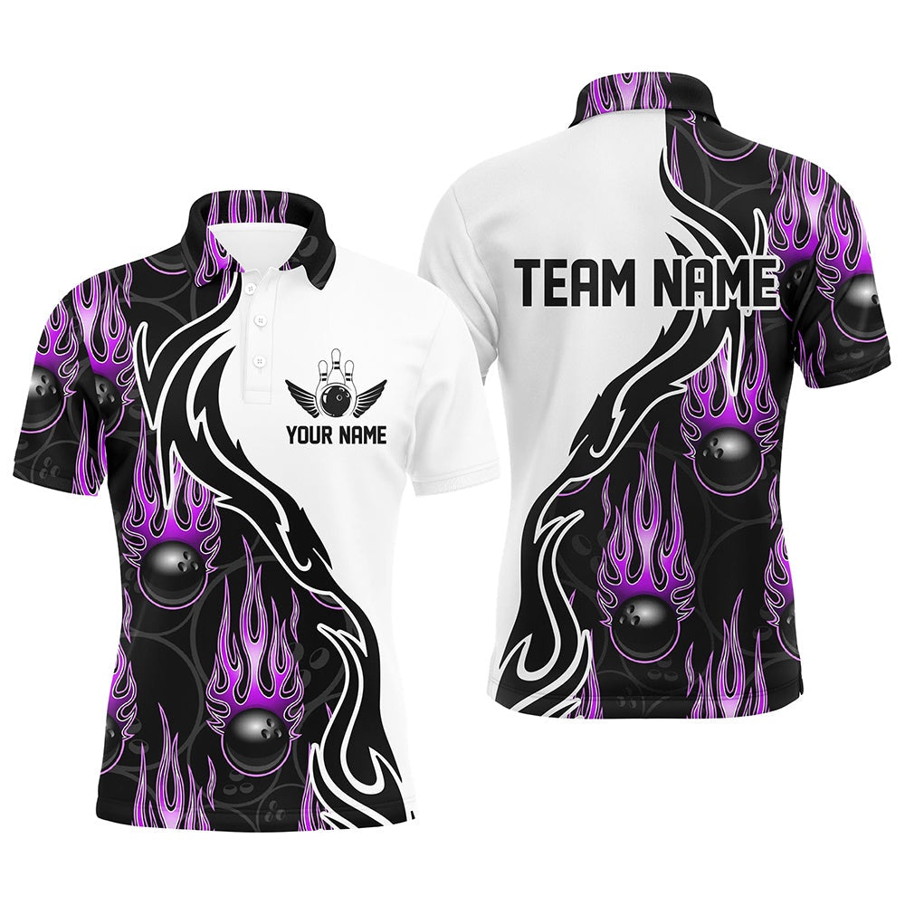 Custom Bowling Polo Shirts, Custom Bowling Shirts For Men And Women, Personalized Flame Bowling Team Jerseys Purple