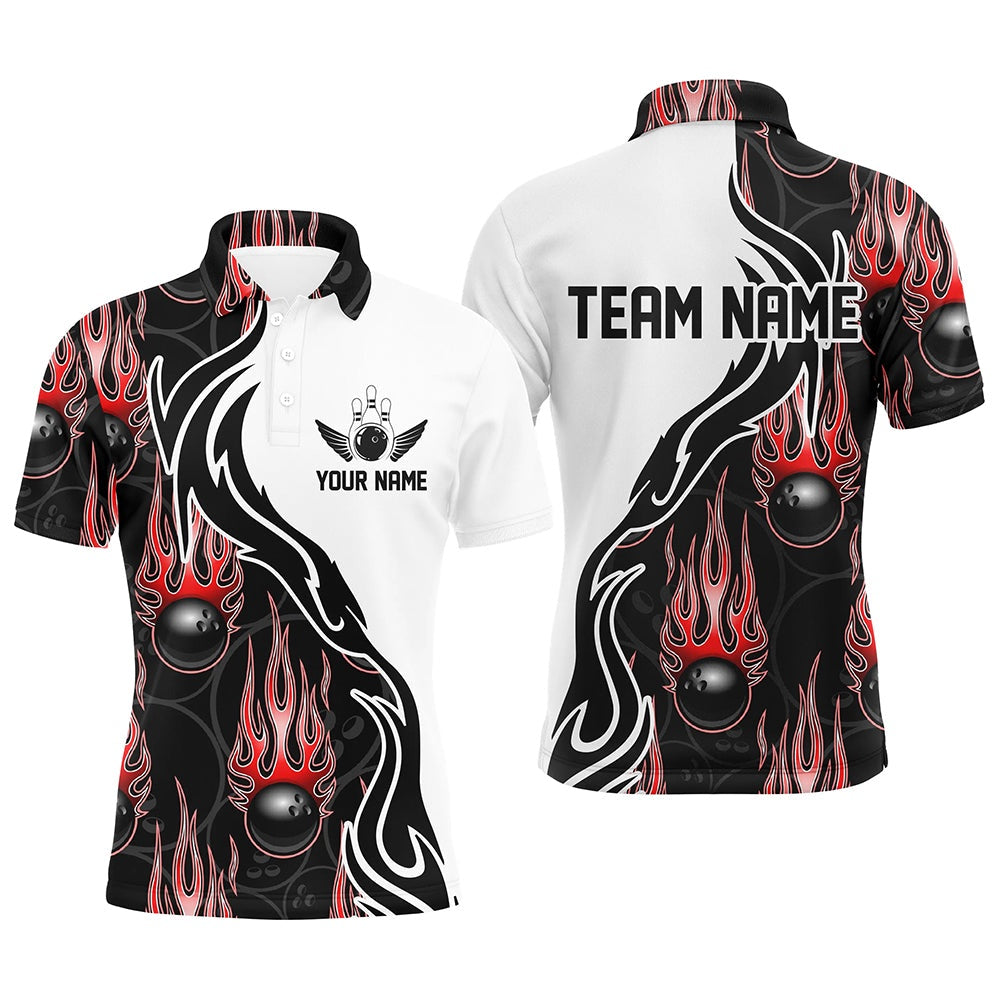 Custom Bowling Polo Shirts, Custom Bowling Shirts For Men And Women, Personalized Flame Bowling Team Jerseys Red