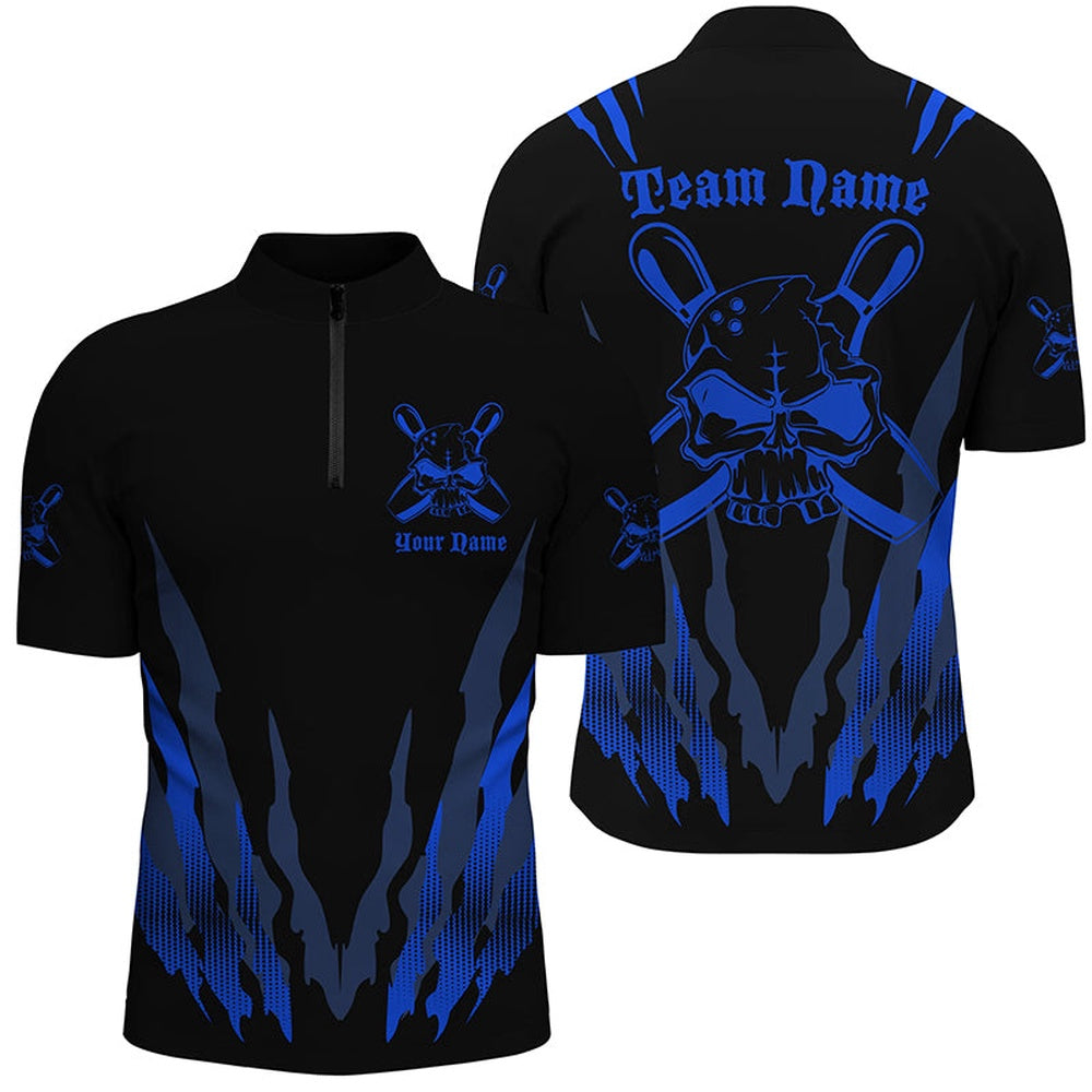 Custom Bowling Polo Shirts, Custom Bowling Shirts For Men And Women, Skull Bowling Team Shirts Bowling Pin Blue