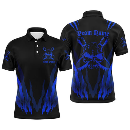 Custom Bowling Polo Shirts, Custom Bowling Shirts For Men And Women, Skull Bowling Team Shirts Bowling Pin Blue