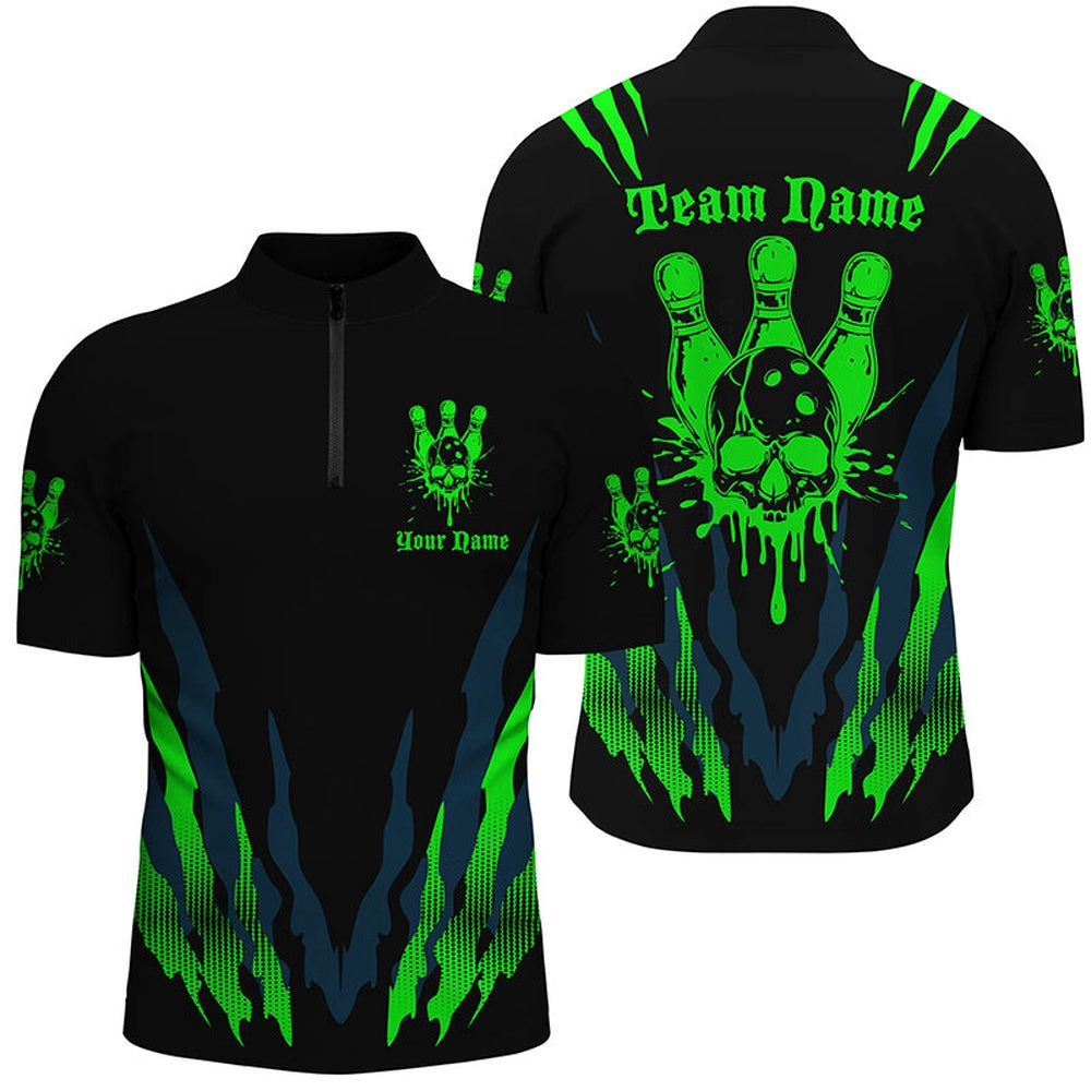 Custom Bowling Polo Shirts, Custom Bowling Shirts For Men And Women, Skull Bowling Team Shirts Bowling Pin Green