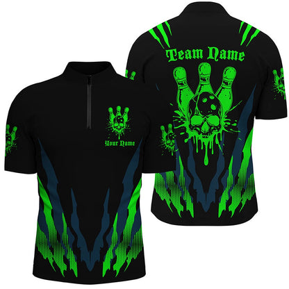 Custom Bowling Polo Shirts, Custom Bowling Shirts For Men And Women, Skull Bowling Team Shirts Bowling Pin Green