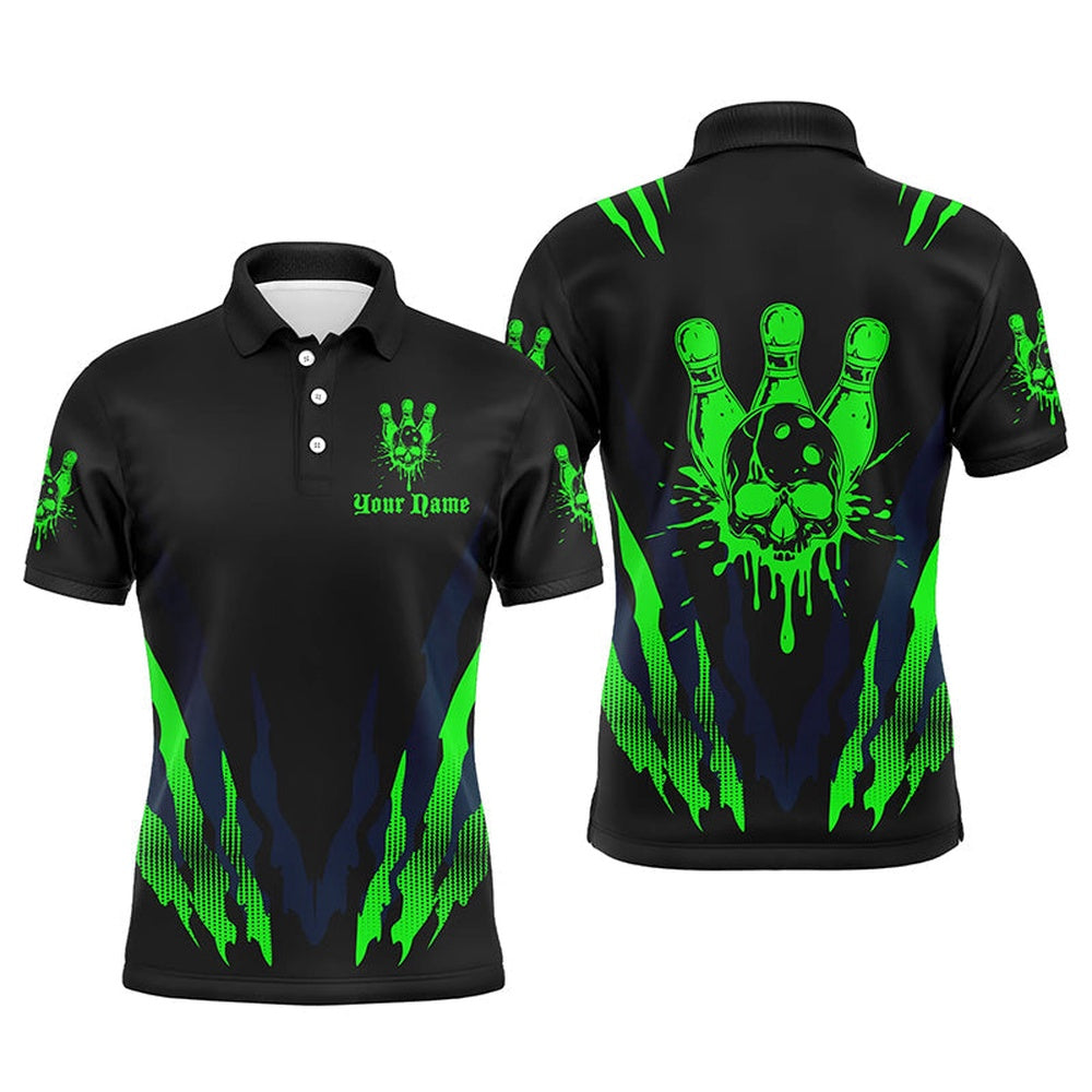 Custom Bowling Polo Shirts, Custom Bowling Shirts For Men And Women, Skull Bowling Team Shirts Bowling Pin Green