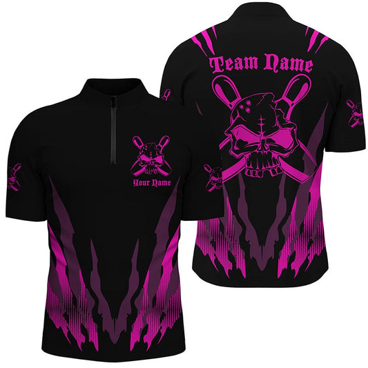 Custom Bowling Polo Shirts, Custom Bowling Shirts For Men And Women, Skull Bowling Team Shirts Bowling Pin Pink