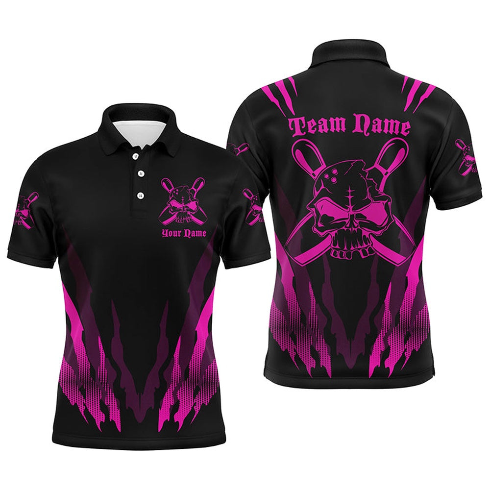 Custom Bowling Polo Shirts, Custom Bowling Shirts For Men And Women, Skull Bowling Team Shirts Bowling Pin Pink