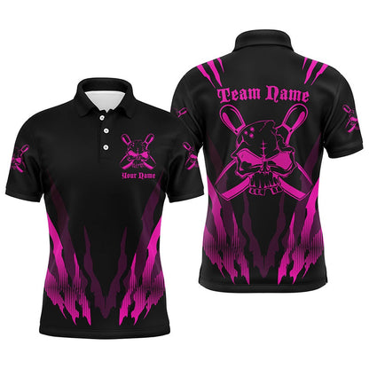 Custom Bowling Polo Shirts, Custom Bowling Shirts For Men And Women, Skull Bowling Team Shirts Bowling Pin Pink