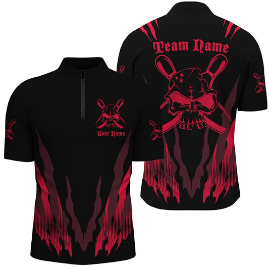Custom Bowling Polo Shirts, Custom Bowling Shirts For Men And Women, Skull Bowling Team Shirts Bowling Pin Red