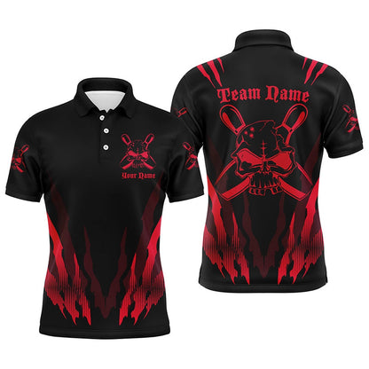 Custom Bowling Polo Shirts, Custom Bowling Shirts For Men And Women, Skull Bowling Team Shirts Bowling Pin Red
