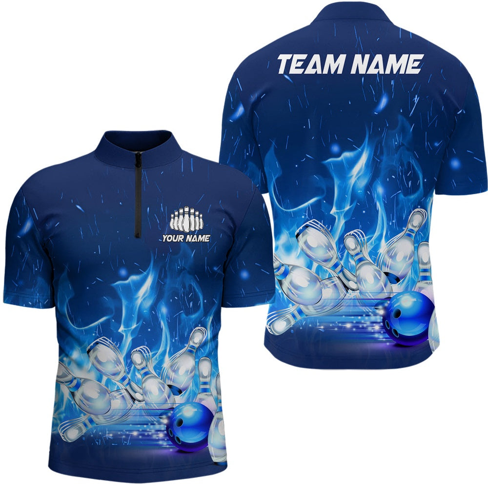 Custom Bowling Polo Shirts, Custom Bowling Shirts For Men Blue Flame Bowling Team Jersey Bowling League Outfits Bowlers Gifts