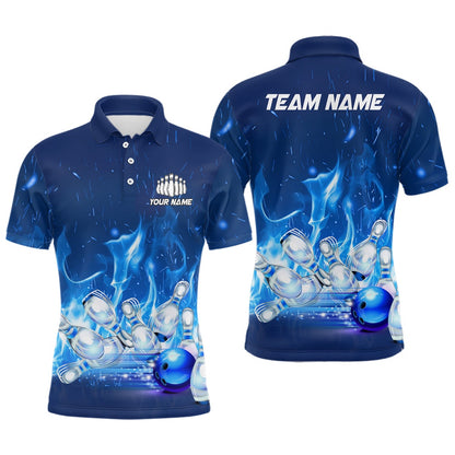 Custom Bowling Polo Shirts, Custom Bowling Shirts For Men Blue Flame Bowling Team Jersey Bowling League Outfits Bowlers Gifts