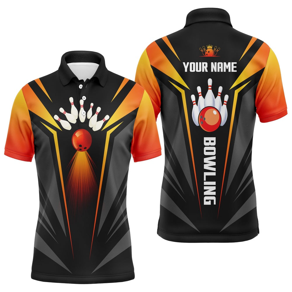 Custom Bowling Polo Shirts, Custom Bowling Shirts For Men Bowling Ball And Pins Team Shirt, Black Orange Bowl Shirts