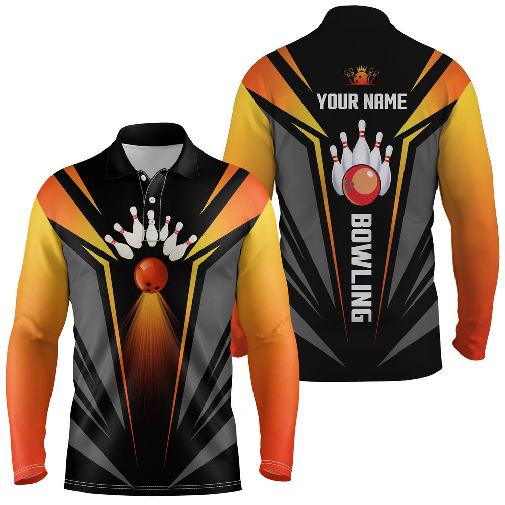 Custom Bowling Polo Shirts, Custom Bowling Shirts For Men Bowling Ball And Pins Team Shirt, Black Orange Bowl Shirts